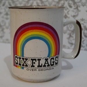 VTG Six Flags Over Georgia Mug 80s Retro Rainbow Stoneware Speckled Brown Rimmed